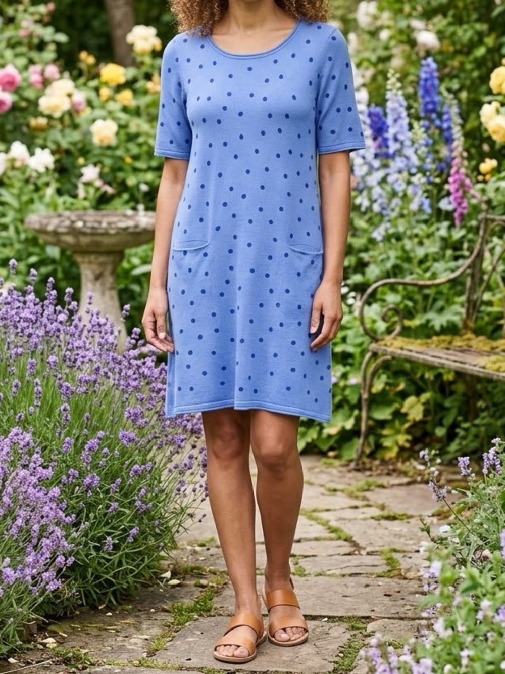 Gudrun Sjoden Blue Polka Dot Lagenlook Scandi Minimal Shift Midi Dress Medium
